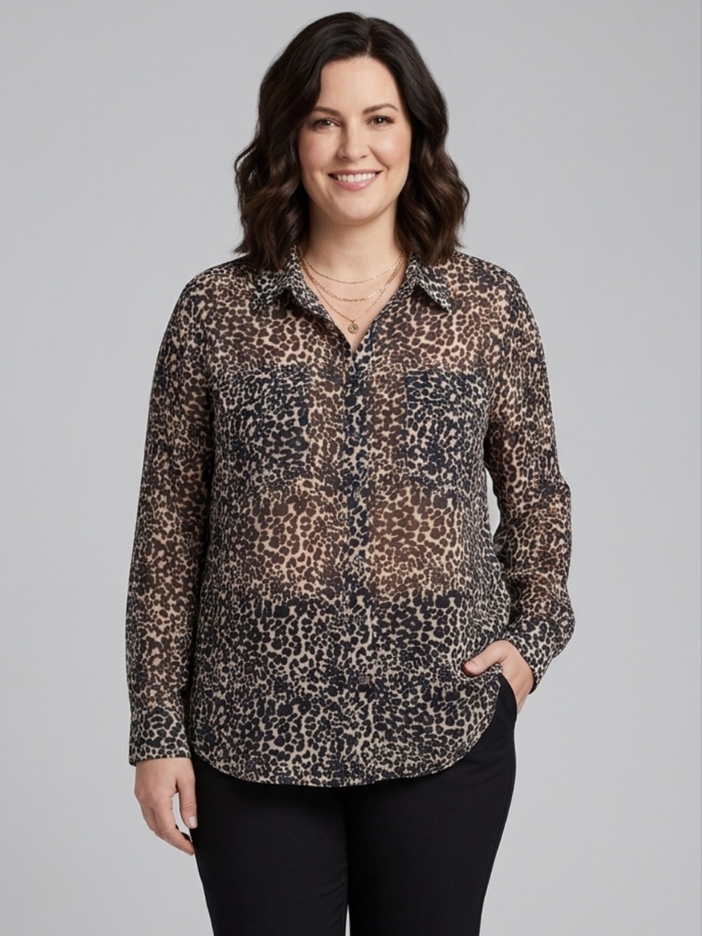 Vince Camuto Leopard Print Blouse Button Down Semi Sheer Size XL
